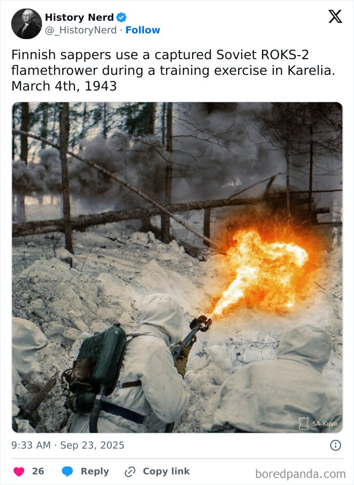 Finnish soldiers using a captured Soviet flamethrower in a snowy forest during World War II, exploring history through rare photos.