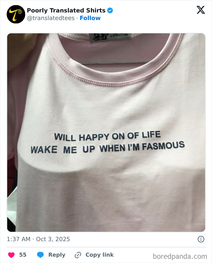 Light pink t-shirt with a funny English phrase featuring poor translation and spelling errors.