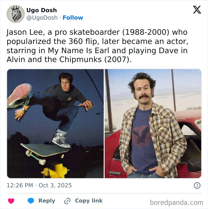 Social media post sharing daily facts and interesting stories about Jason Lee, pro skateboarder turned actor.