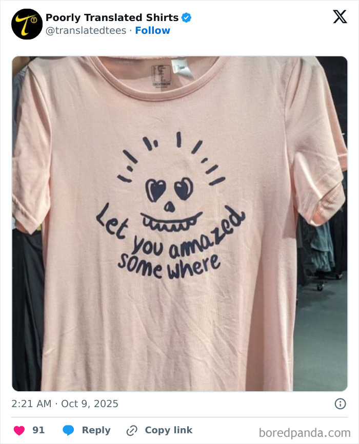 Pink T-shirt with a funny poorly translated phrase and a quirky skull graphic, showcasing ridiculous English translations.