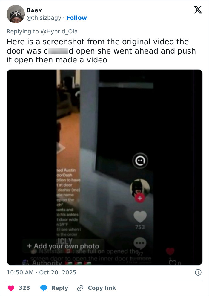 Screenshot of a video showing a door partially open related to DoorDash driver arrested for recording undressed customer.