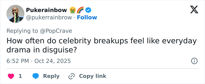 Tweet by user pukerainbow questioning how celebrity breakups feel like everyday drama amid Lily Allen’s CFDA fashion look debate.