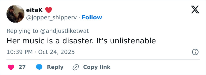 Tweet showing user criticizing Lily Allen’s CFDA fashion look as a disaster, sparking online debate amid celebrity drama.