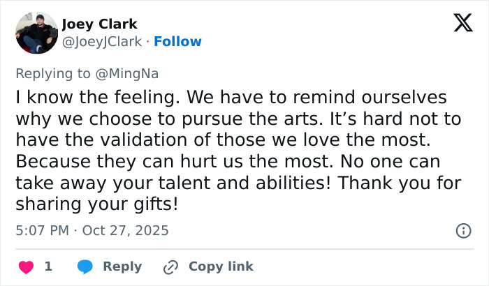 Tweet from Joey Clark responding to actress Ming-Na Wen about why he became an actor and pursuing the arts despite challenges. Tweet from Joey Clark responding to actress Ming-Na Wen about why he became an actor and pursuing the arts despite challenges.