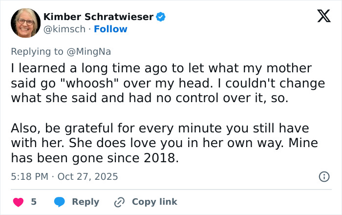 Tweet reply discussing the impact of a mother’s insults and reflecting on gratitude, related to actress Ming-Na Wen. Tweet reply discussing the impact of a mother’s insults and reflecting on gratitude, related to actress Ming-Na Wen.