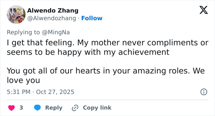 Twitter reply appreciating actress Ming-Na Wen’s roles, reflecting on personal challenges with a mother’s lack of compliments. Twitter reply appreciating actress Ming-Na Wen’s roles, reflecting on personal challenges with a mother’s lack of compliments.