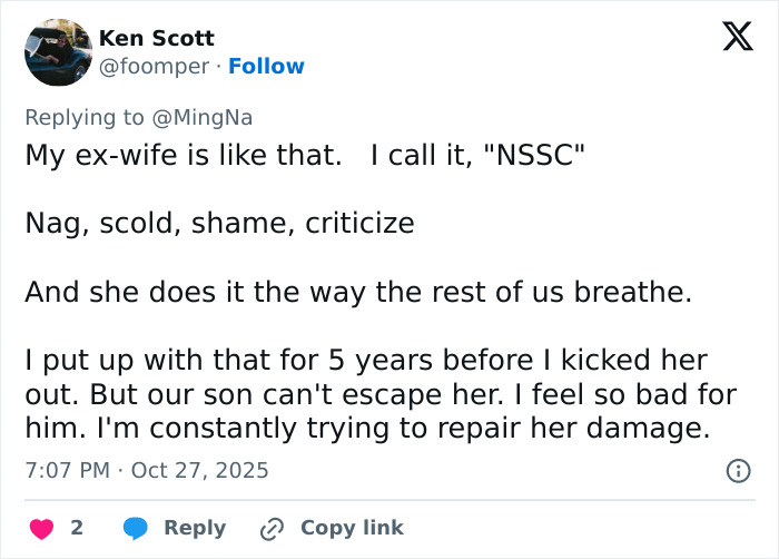 Tweet discussing personal experiences with nagging and criticism, related to actress Ming-Na Wen opening up about insults from her mom. Tweet discussing personal experiences with nagging and criticism, related to actress Ming-Na Wen opening up about insults from her mom.