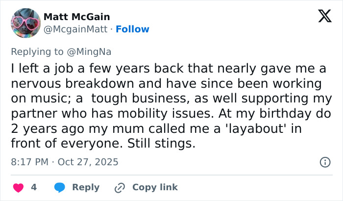 Twitter post by Matt McGain sharing a personal story about challenges and insults, relating to actor Ming-Na Wen’s mom’s insults. Twitter post by Matt McGain sharing a personal story about challenges and insults, relating to actor Ming-Na Wen’s mom’s insults.