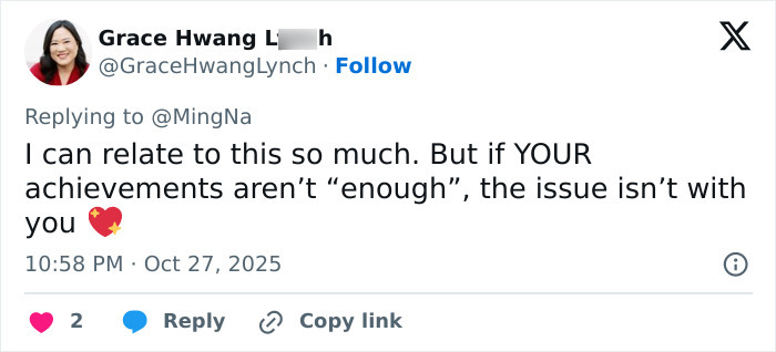 Tweet by Grace Hwang L***h about relating to actress Ming-Na Wen’s story on challenges and achievements in acting. Tweet by Grace Hwang L***h about relating to actress Ming-Na Wen’s story on challenges and achievements in acting.