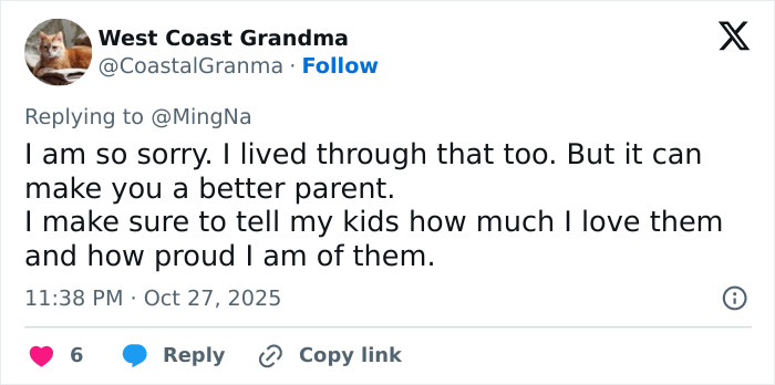 Tweet from West Coast Grandma replying to Ming-Na Wen about overcoming insults and becoming a better parent and actor. Tweet from West Coast Grandma replying to Ming-Na Wen about overcoming insults and becoming a better parent and actor.