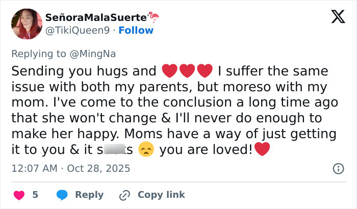 Tweet expressing support about struggles with parents, related to actress Ming-Na Wen opening up about her mom’s insults. Tweet expressing support about struggles with parents, related to actress Ming-Na Wen opening up about her mom’s insults.