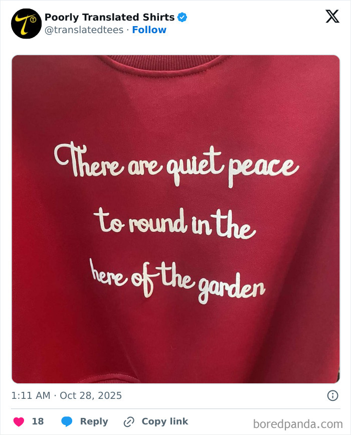 Red sweatshirt with a funny English translation phrase about peace and garden, part of a humorous English t-shirts collection.