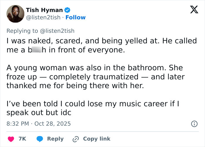 Tweet by Tish Hyman describing being yelled at and traumatized in a ladies’ room, linked to lesbian removed from gym uproar. Tweet by Tish Hyman describing being yelled at and traumatized in a ladies’ room, linked to lesbian removed from gym uproar.