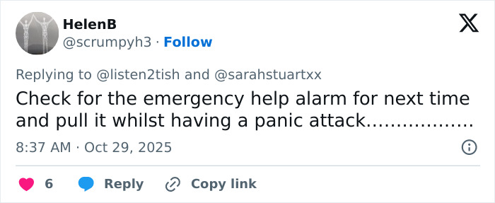 Tweet suggesting to use the emergency help alarm during a panic attack amid gym confrontation controversy. Tweet suggesting to use the emergency help alarm during a panic attack amid gym confrontation controversy.