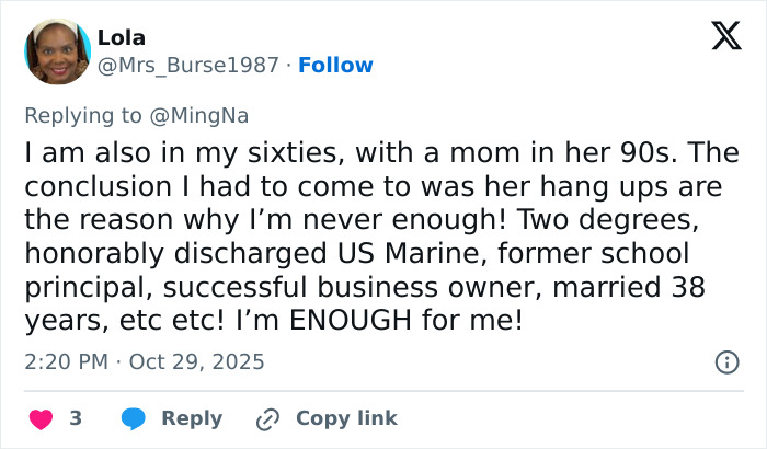 Twitter reply from Lola sharing her personal story about her mom’s insults and self-worth in relation to actress Ming-Na Wen. Twitter reply from Lola sharing her personal story about her mom’s insults and self-worth in relation to actress Ming-Na Wen.