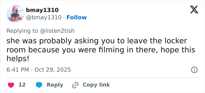 Twitter reply discussing a lesbian being removed from gym after confronting alleged trans woman in ladies’ room controversy. Twitter reply discussing a lesbian being removed from gym after confronting alleged trans woman in ladies’ room controversy.