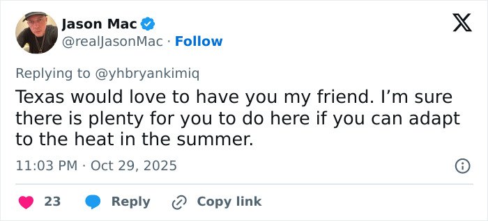 Twitter user Jason Mac replying to an asylum seeker, discussing adaptation and mentioning US asylum from South Korea. Twitter user Jason Mac replying to an asylum seeker, discussing adaptation and mentioning US asylum from South Korea.