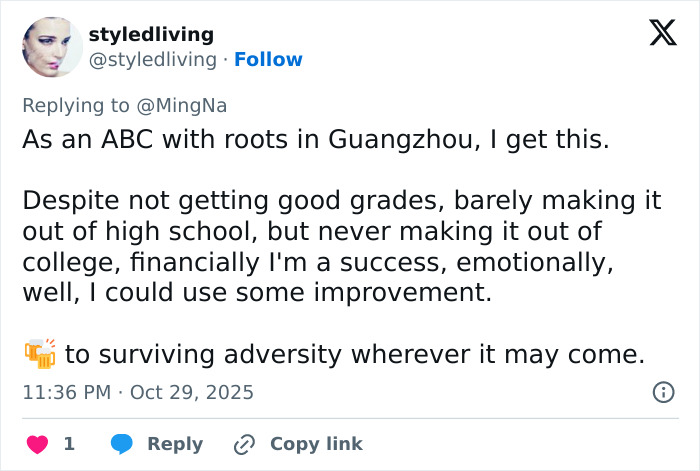 Tweet reply about overcoming adversity and success, relating to actress Ming-Na Wen and her acting journey. Tweet reply about overcoming adversity and success, relating to actress Ming-Na Wen and her acting journey.