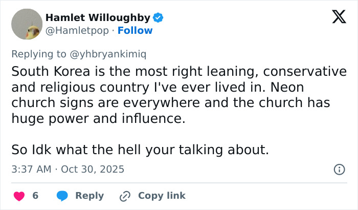 Screenshot of a Twitter reply discussing South Korea’s conservative culture amid asylum controversy involving the world’s smartest man. Screenshot of a Twitter reply discussing South Korea’s conservative culture amid asylum controversy involving the world’s smartest man.