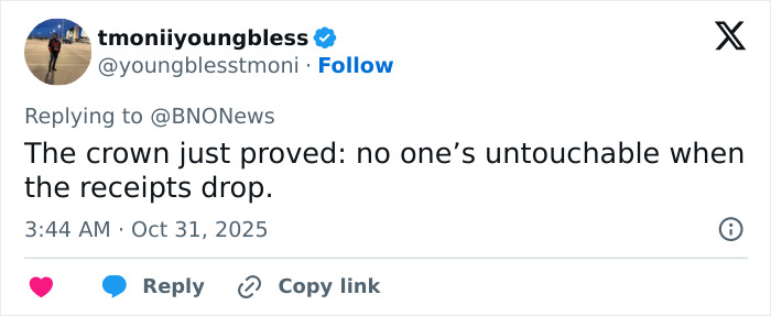 Tweet by user tmoniiyoungbless commenting on Andrew’s title removal influenced by Kate Middleton and Queen Camilla’s female touch.