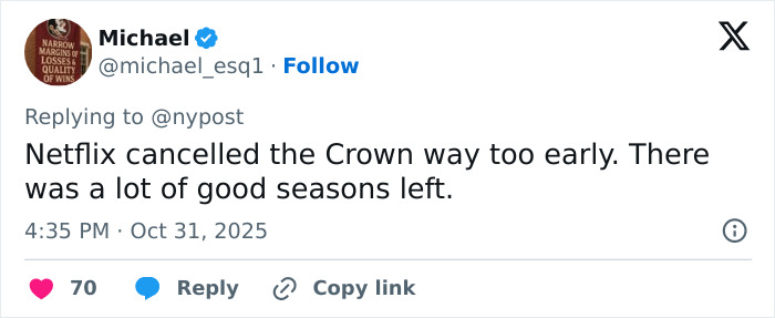 Screenshot of a tweet discussing Netflix canceling The Crown, related to Kate Middleton and Queen Camilla’s influence on Andrew’s title removal.