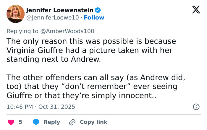 Tweet by Jennifer Loewenstein discussing how Kate Middleton and Queen Camilla’s female touch influenced Andrew’s title removal.