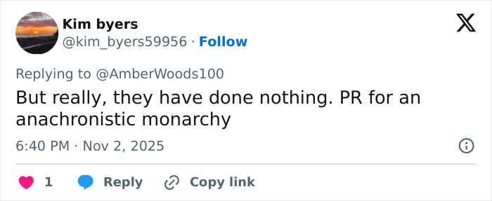 Tweet by Kim Byers criticizing the monarchy’s PR amidst discussions on Kate Middleton and Queen Camilla’s female touch.