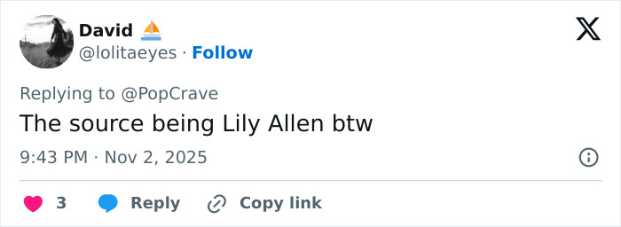 Tweet mentioning Lily Allen in an online debate about her CFDA fashion look amid ongoing celebrity drama.