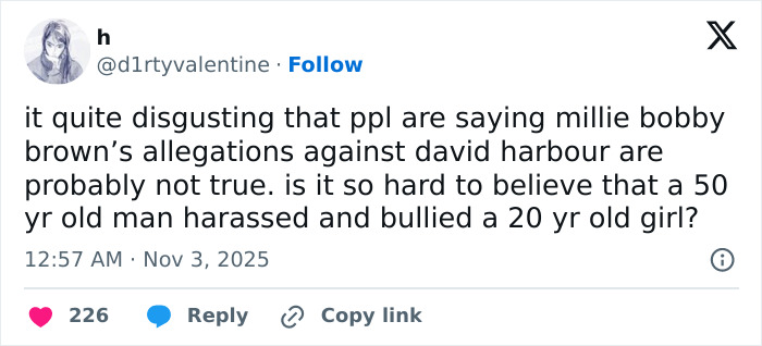 Tweet discussing Millie Bobby Brown’s allegations against David Harbour amid debate over Lily Allen’s CFDA fashion look.