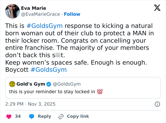 Tweet expressing backlash as users speak out after a lesbian confronted a trans woman at Gold's Gym locker room. Tweet expressing backlash as users speak out after a lesbian confronted a trans woman at Gold's Gym locker room.