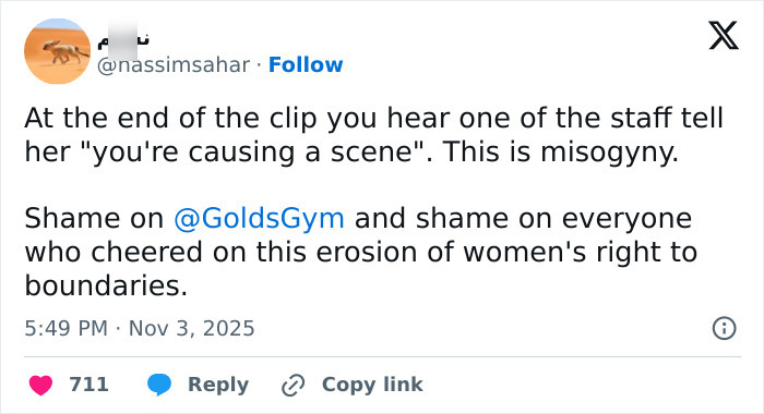 Tweet criticizing Gold's Gym for removing lesbian who confronted alleged trans woman, highlighting women's rights and boundary issues. Tweet criticizing Gold's Gym for removing lesbian who confronted alleged trans woman, highlighting women's rights and boundary issues.