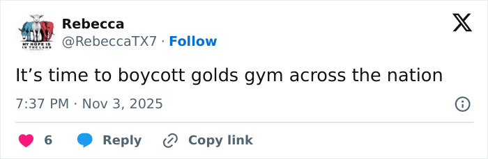 Tweet screenshot by Rebecca urging a boycott of Golds Gym amid uproar over lesbian removed from gym confrontation. Tweet screenshot by Rebecca urging a boycott of Golds Gym amid uproar over lesbian removed from gym confrontation.