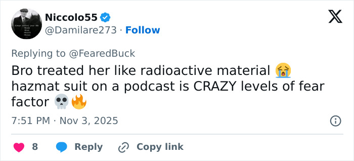Tweet about YouTuber’s humiliating Bonnie Blue interview with disgusting comments and hazmat suit podcast setup. Tweet about YouTuber’s humiliating Bonnie Blue interview with disgusting comments and hazmat suit podcast setup.
