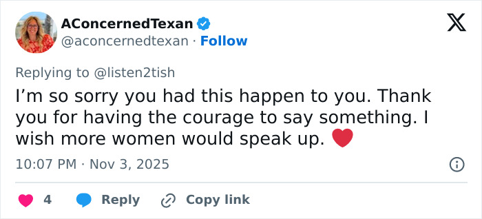 Tweet from AConcernedTexan expressing sympathy and support for women speaking up about gym removal incident involving lesbian and trans woman confrontation. Tweet from AConcernedTexan expressing sympathy and support for women speaking up about gym removal incident involving lesbian and trans woman confrontation.