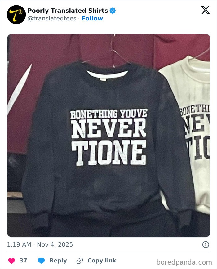 Black English T-shirt with a funny mistranslated phrase displayed, showcasing ridiculous and funny English T-shirts worldwide.