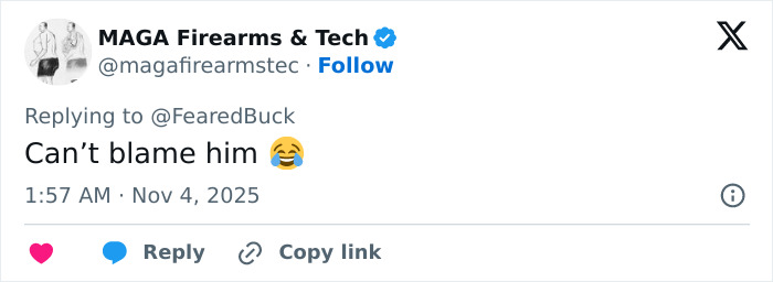 Tweet from MAGA Firearms & Tech replying with a laughing emoji to a viral YouTuber's humiliating Bonnie Blue interview. Tweet from MAGA Firearms & Tech replying with a laughing emoji to a viral YouTuber's humiliating Bonnie Blue interview.