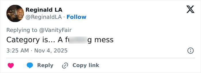 Twitter user Reginald LA responds to Vanity Fair, calling Lily Allen’s CFDA fashion look a complete mess amid drama.