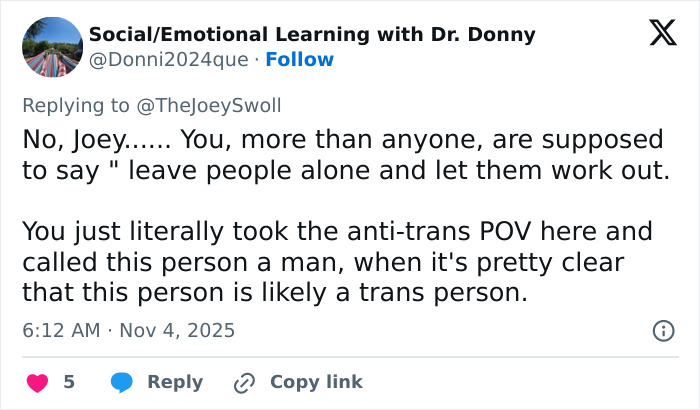 Tweet criticizing Joey Swoll's opinion on Gold's Gym trans locker controversy, sparking debate on trans inclusion. Tweet criticizing Joey Swoll's opinion on Gold's Gym trans locker controversy, sparking debate on trans inclusion.
