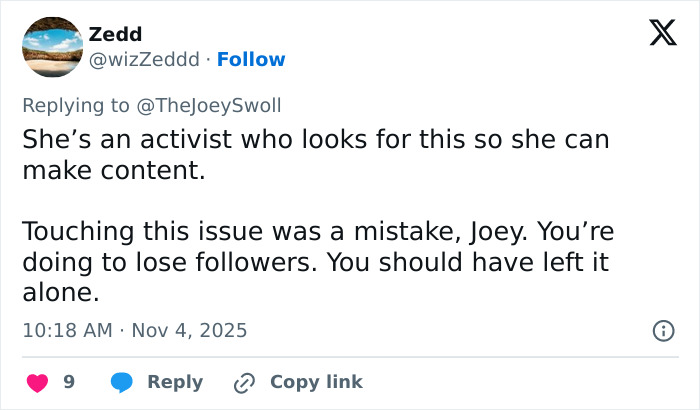Tweet criticizing Joey Swoll's opinion on Gold's Gym trans locker controversy, highlighting follower loss concerns. Tweet criticizing Joey Swoll's opinion on Gold's Gym trans locker controversy, highlighting follower loss concerns.