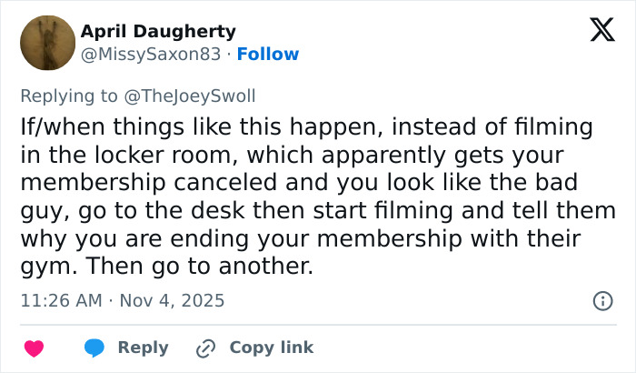 Tweet from April Daugherty advising on filming policies in locker rooms amid the Gold's Gym trans locker controversy discussion. Tweet from April Daugherty advising on filming policies in locker rooms amid the Gold's Gym trans locker controversy discussion.