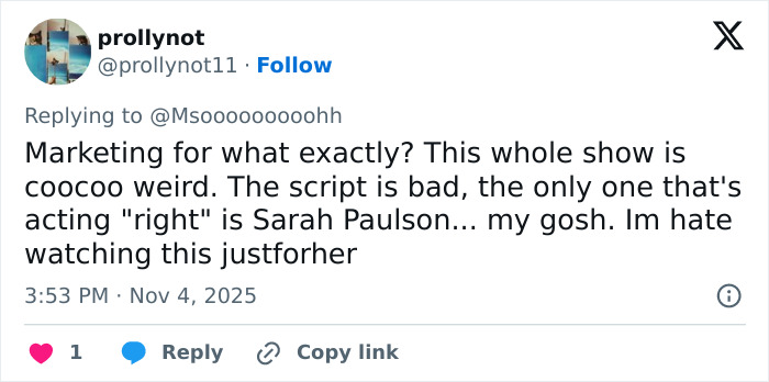 Tweet criticizing the worst scenes from All's Fair, mentioning bad script and poor acting except for Sarah Paulson. Tweet criticizing the worst scenes from All's Fair, mentioning bad script and poor acting except for Sarah Paulson.