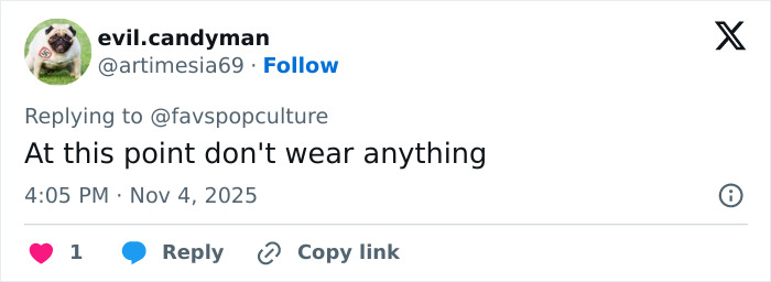 Twitter user evil.candyman replying to a tweet with a comment on Lily Allen’s CFDA fashion look sparking online debate.