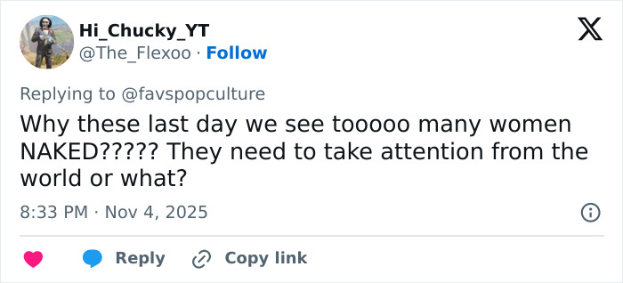 Twitter user expressing concern about women’s revealing fashion and attention-seeking amid Lily Allen’s CFDA fashion look debate.