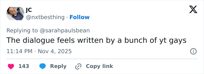 Screenshot of a social media comment criticizing dialogue quality in the worst scenes from All's Fair after premiere. Screenshot of a social media comment criticizing dialogue quality in the worst scenes from All's Fair after premiere.