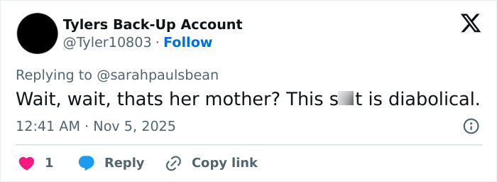 Screenshot of a social media comment criticizing a character’s mother, illustrating the worst scenes from All's Fair. Screenshot of a social media comment criticizing a character’s mother, illustrating the worst scenes from All's Fair.