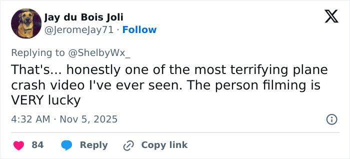 Alt text: User tweet describing terrifying UPS plane crash footage as one of the most harrowing videos seen, praising the lucky filmer. Alt text: User tweet describing terrifying UPS plane crash footage as one of the most harrowing videos seen, praising the lucky filmer.