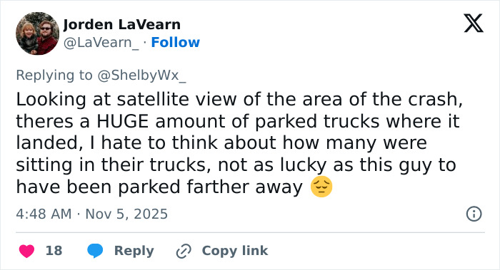 Screenshot of a tweet describing the terrifying UPS plane crash site with many parked trucks near the crash area. Screenshot of a tweet describing the terrifying UPS plane crash site with many parked trucks near the crash area.