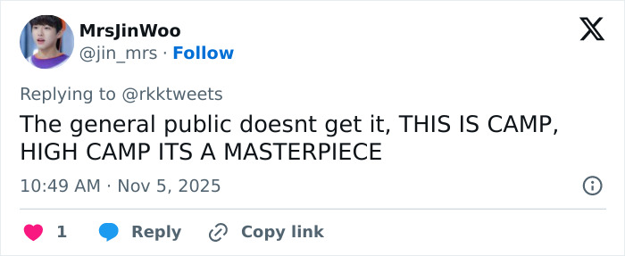 Screenshot of a Twitter comment praising camp elements amid discussions of the worst scenes from All's Fair. Screenshot of a Twitter comment praising camp elements amid discussions of the worst scenes from All's Fair.