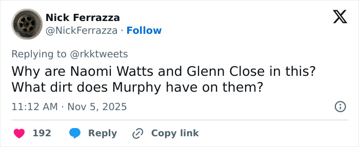 Social media post questioning Naomi Watts and Glenn Close's roles in All's Fair amid the worst scenes after premiere reviews. Social media post questioning Naomi Watts and Glenn Close's roles in All's Fair amid the worst scenes after premiere reviews.