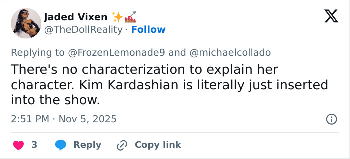 Social media comment criticizing character development in the worst scenes from All's Fair after premiere reviews. Social media comment criticizing character development in the worst scenes from All's Fair after premiere reviews.